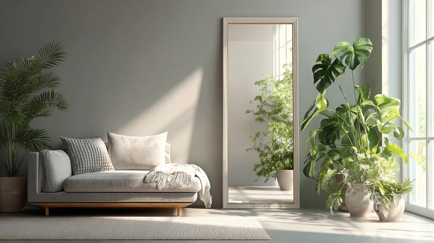 Minimalist living room interior featuring a light gray sofa, a tall floor mirror reflecting greenery, and large potted Monstera plants near a bright window.