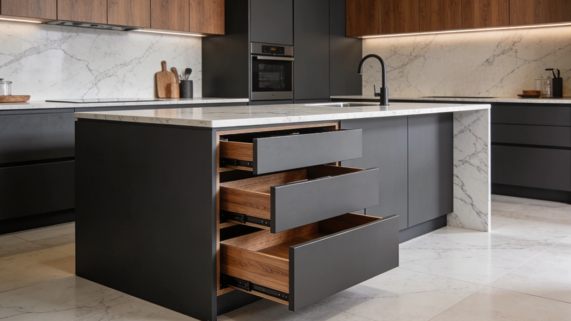 Modern kitchen featuring dark gray cabinetry, white marble countertops and backsplash, wooden upper cabinets, and a central island with three open drawers revealing wooden interiors.