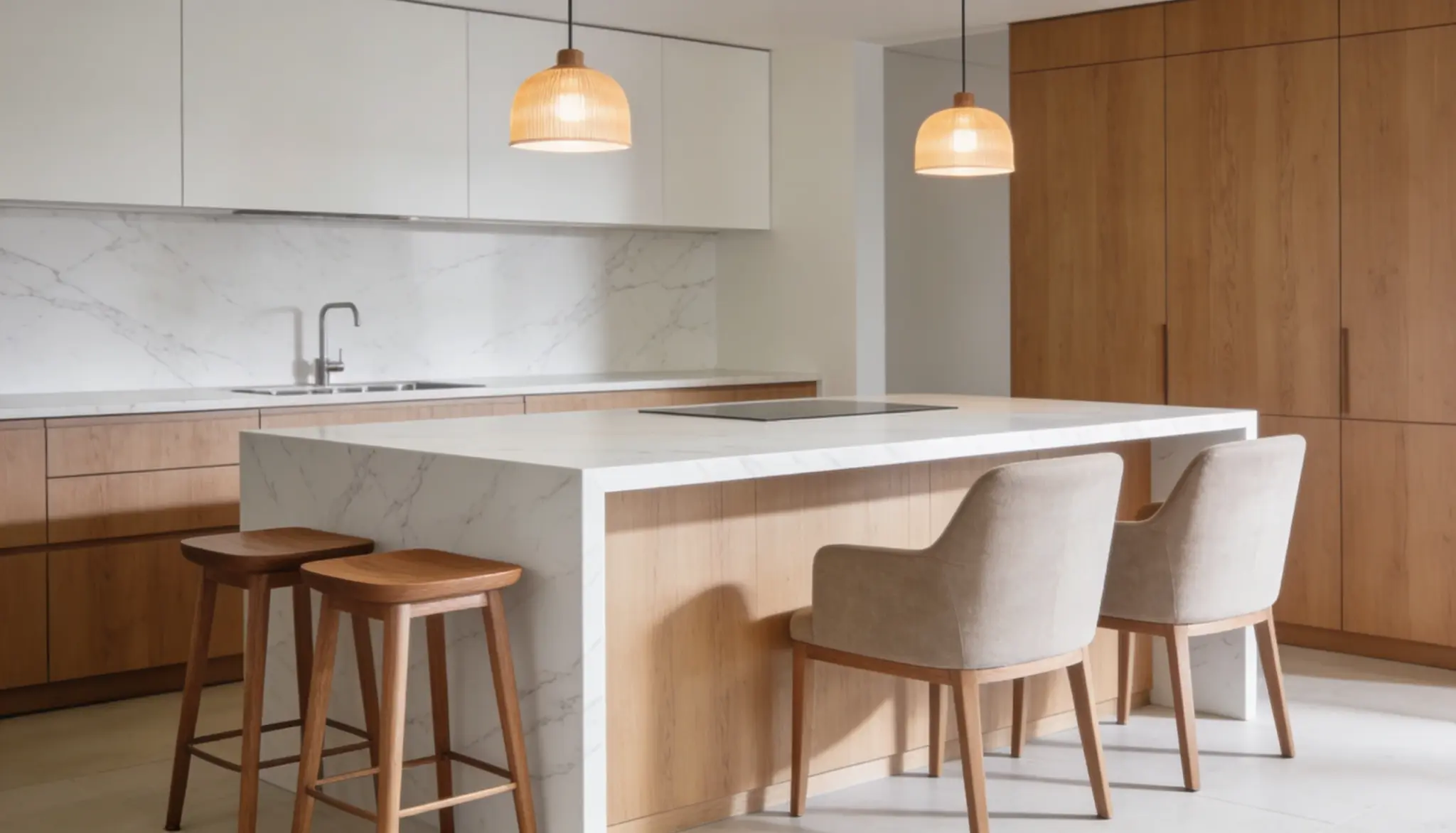 Modern kitchen featuring white marble counters, light wood cabinetry, a central island with two upholstered chairs and two wooden stools, illuminated by woven pendant lights.