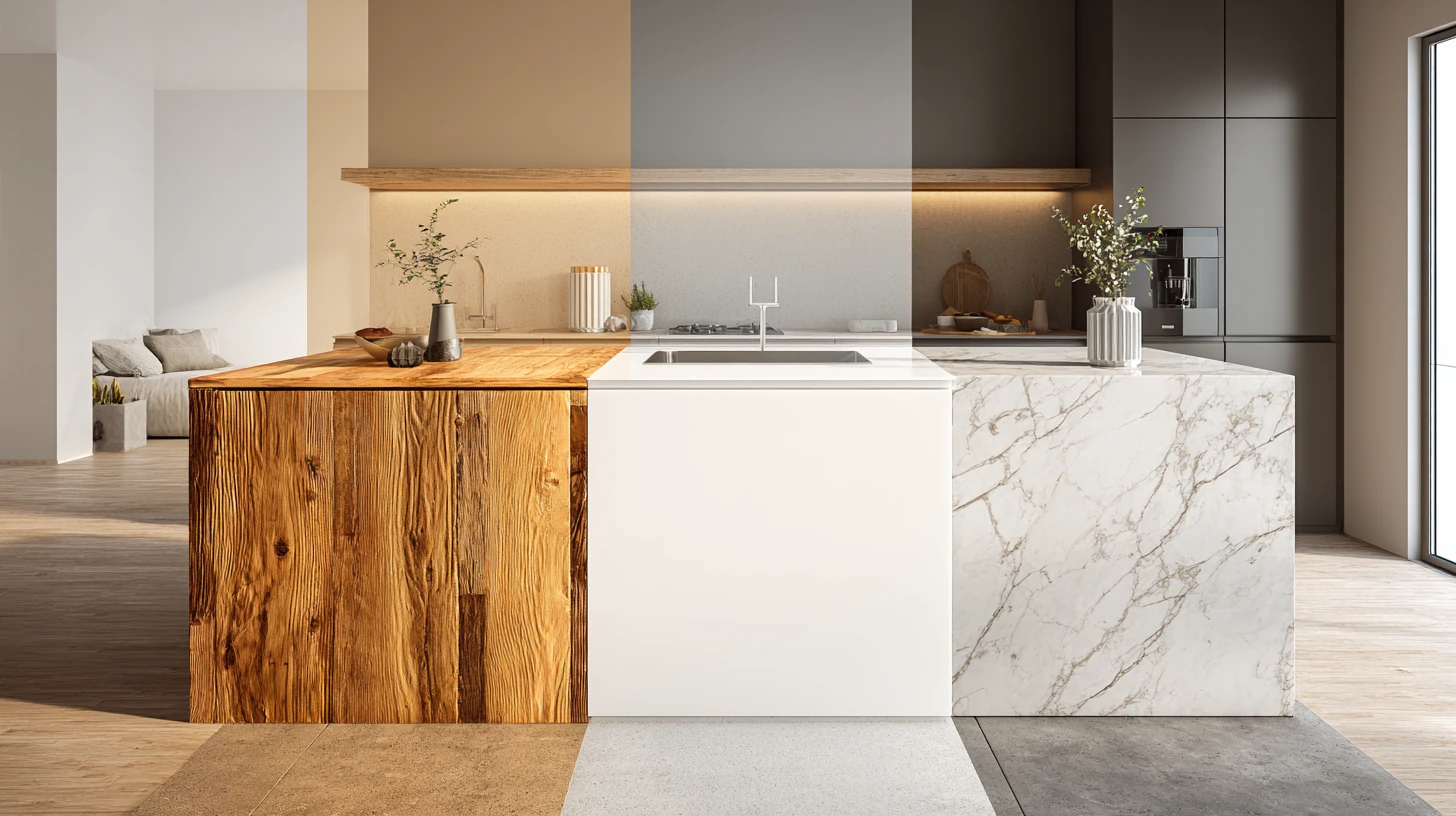 Modern kitchen island showcasing three distinct material options textured wood grain, smooth white lacquer, and white marble with gray veining.