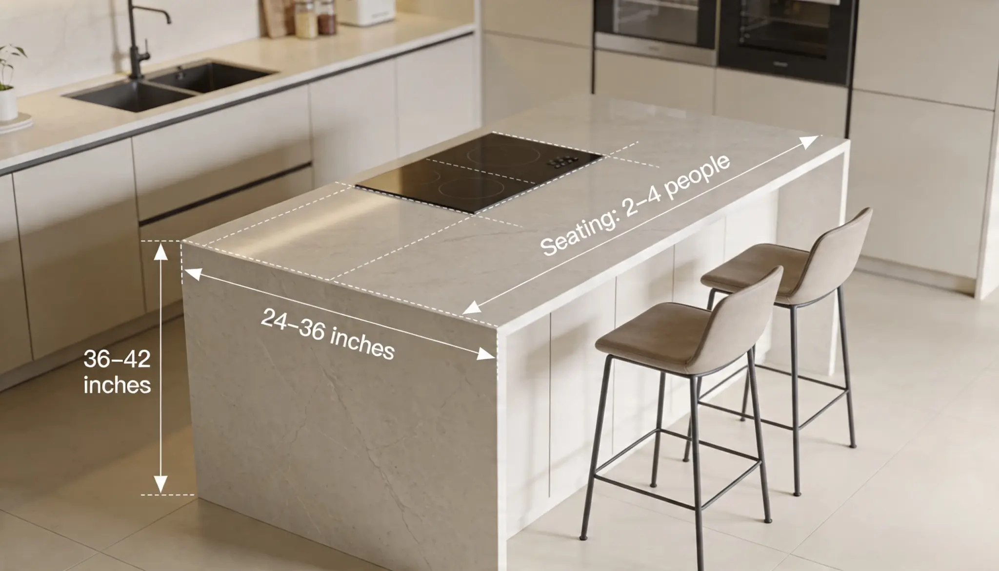 Modern kitchen with a marble island, seating for 2 to 4 people, two stools, and an induction cooktop. Dimensions noted height 36 to 42 inches, depth 24 to 36 inches.
