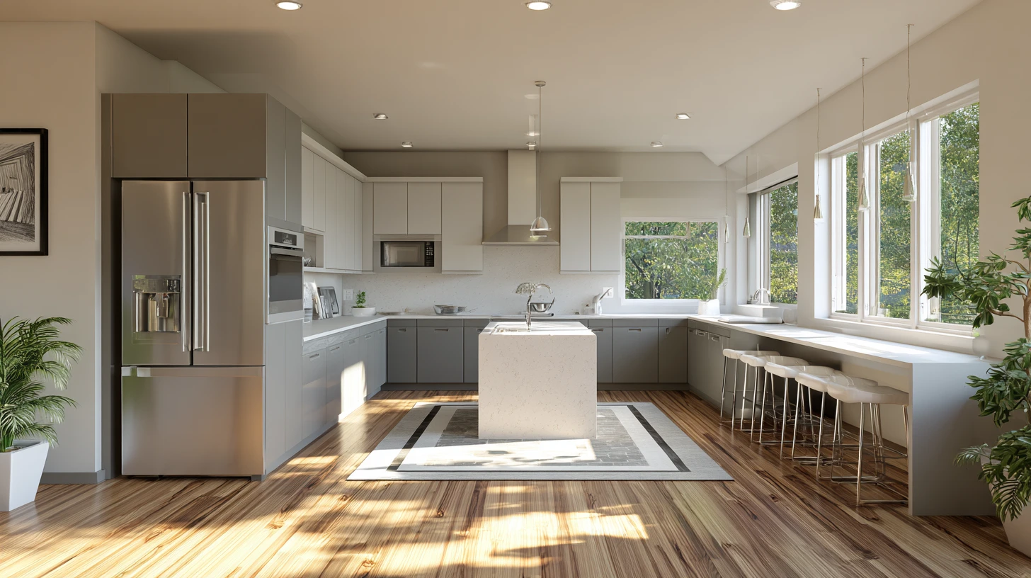 Modern L shaped kitchen featuring gray and white cabinetry, stainless steel appliances, a central white island, and large windows overlooking greenery.