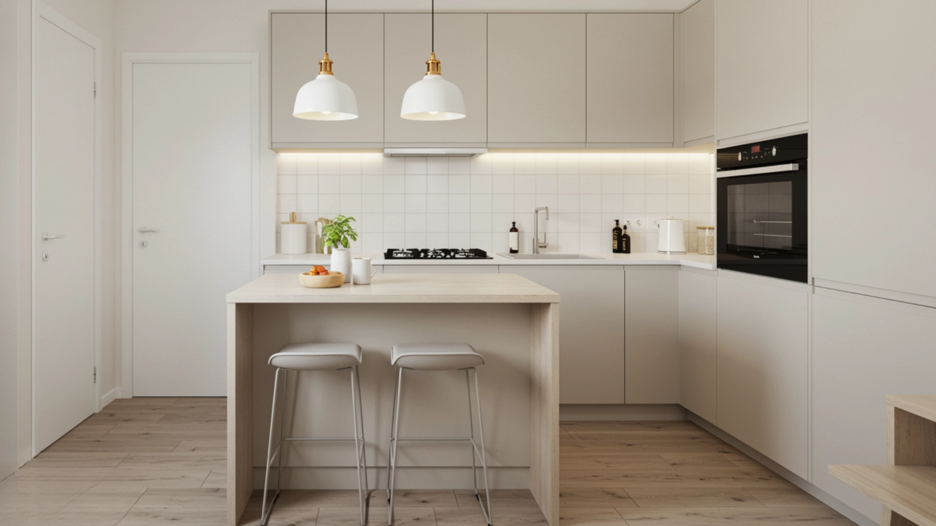 Modern minimalist kitchen featuring light taupe cabinetry, white subway tile backsplash, a light wood island with two stools, and white pendant lights.