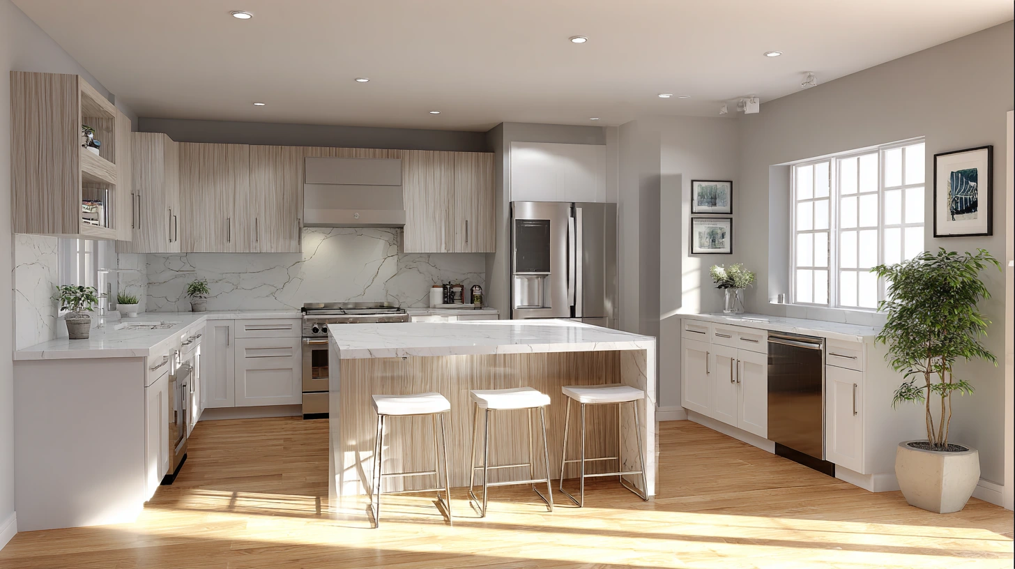 Modern U shaped kitchen featuring light wood grain cabinetry, white marble countertops, a central island with three white stools, and stainless steel appliances bathed in natural light.