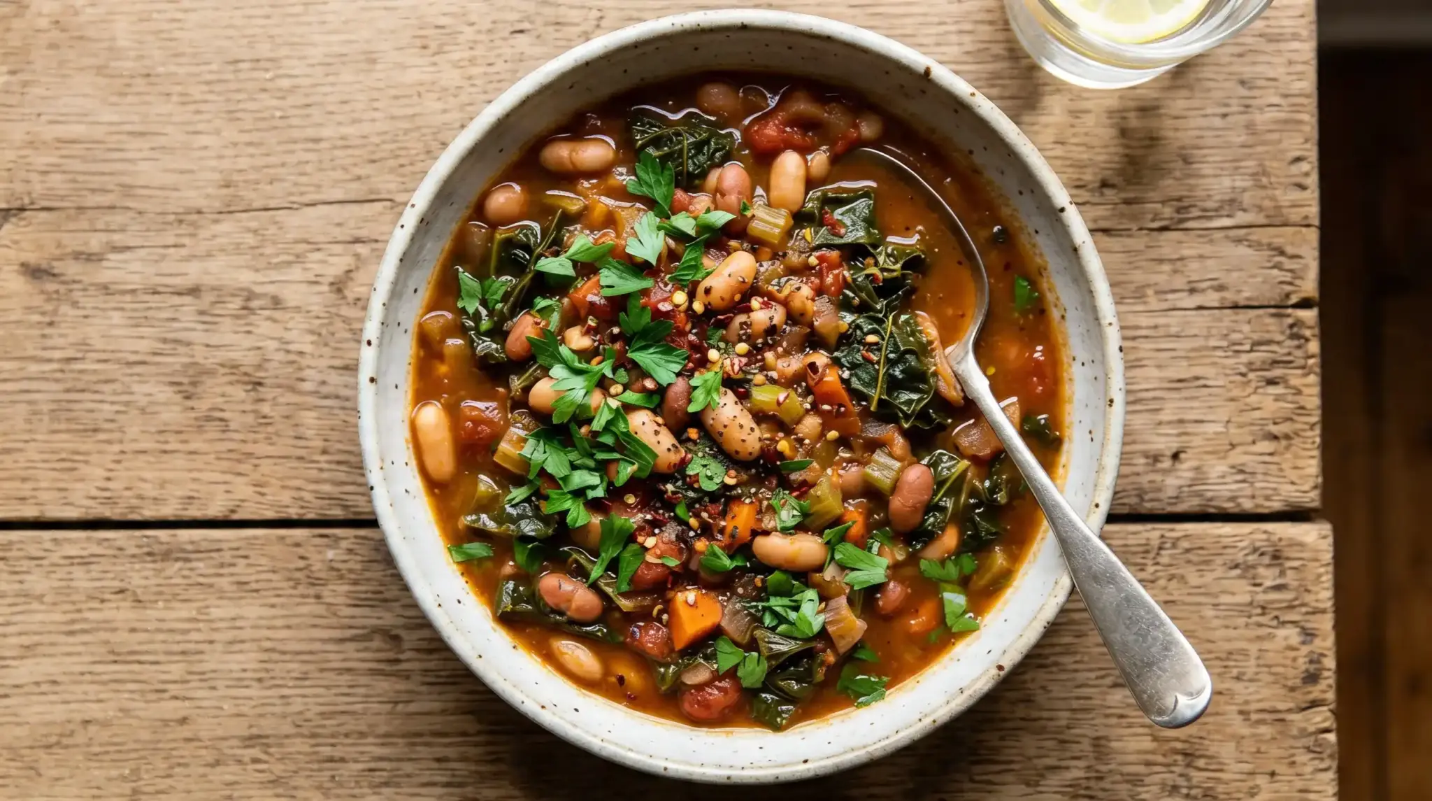 Overhead view of a hearty bowl of bean and kale soup garnished with fresh parsley and chili flakes, resting on a rustic wooden table