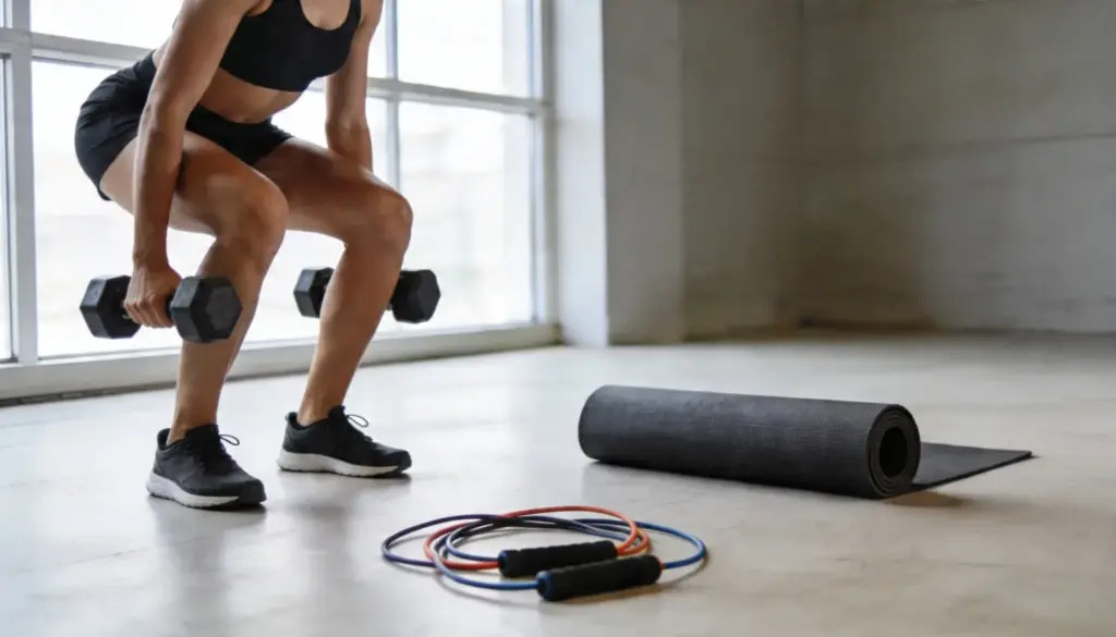 Person doing a full body workout at home with dumbbells yoga mat and fitness equipment in a clean modern space