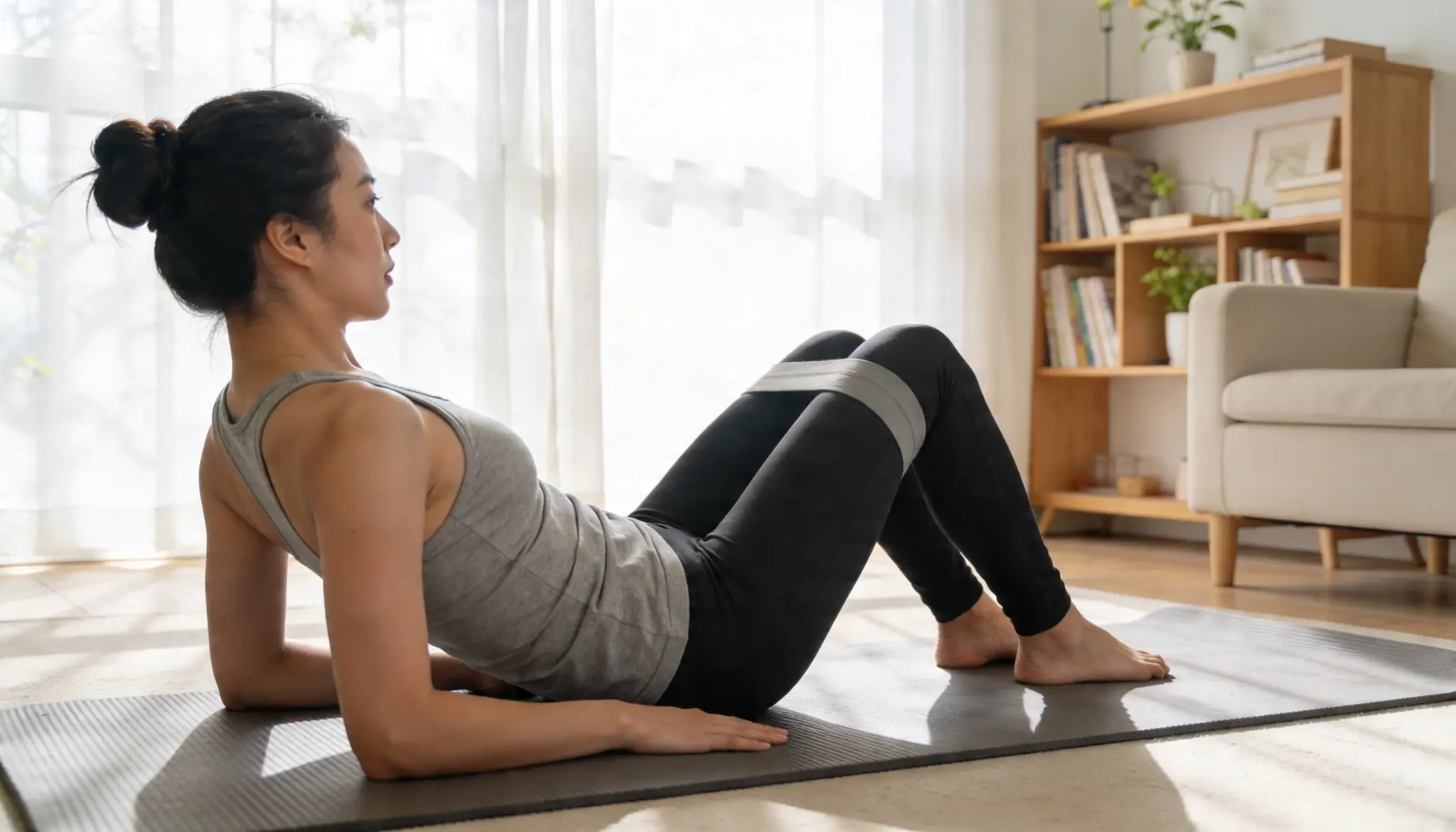 Person performing Pilates exercises on a mat focusing on core strength at home