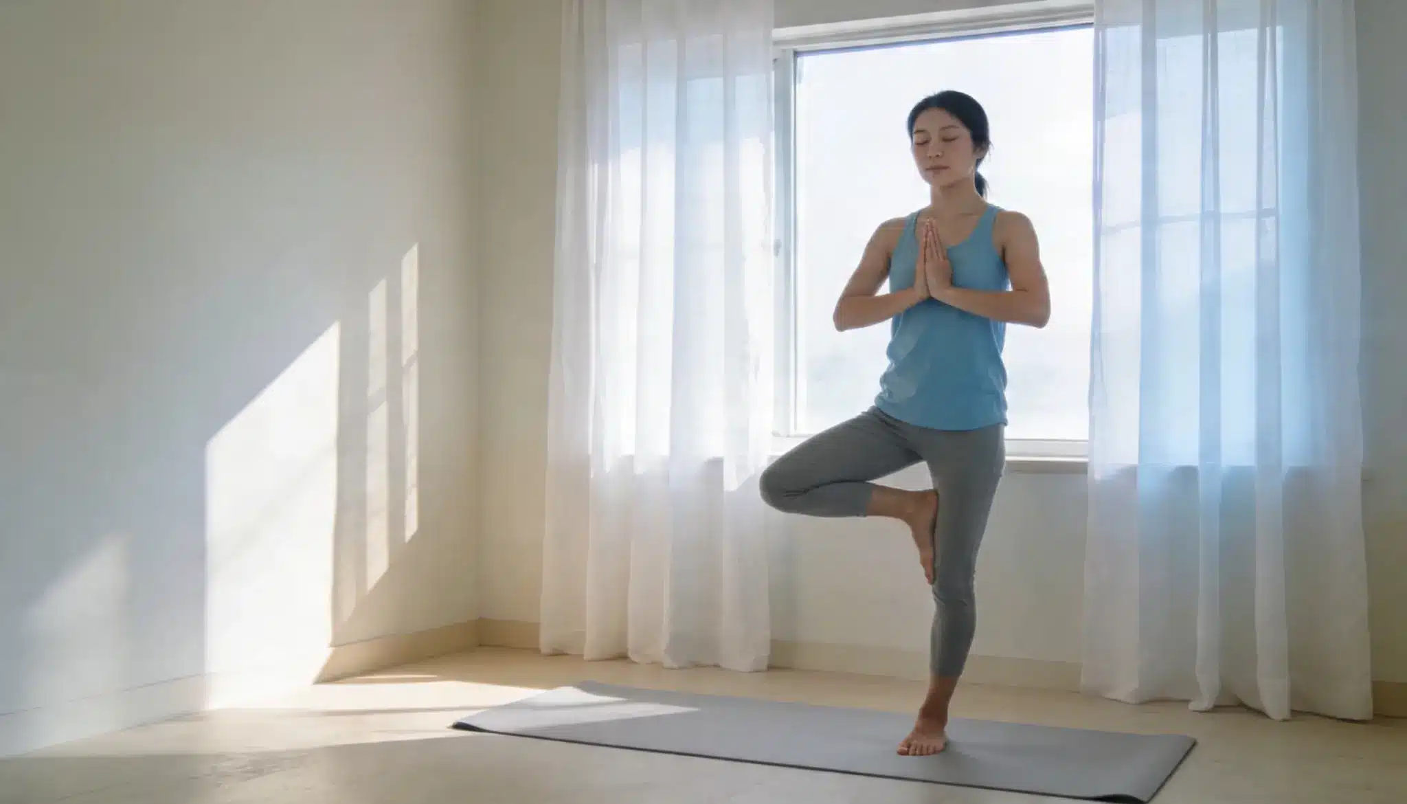 Person practicing yoga on a mat in a calm indoor setting with natural light