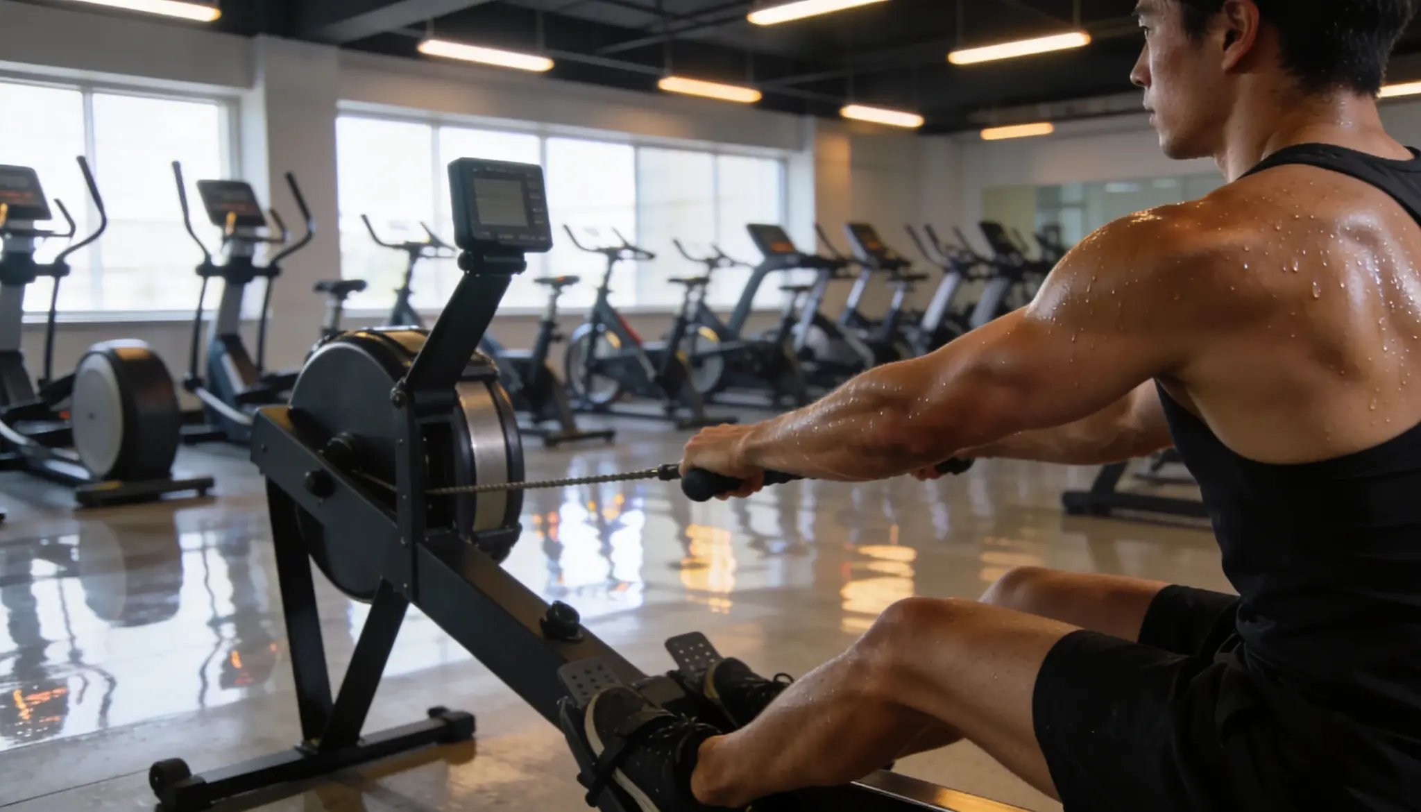 Person using a rowing machine in a gym pulling the handle with proper form while workout stats display on the screen with other cardio machines visible in the background