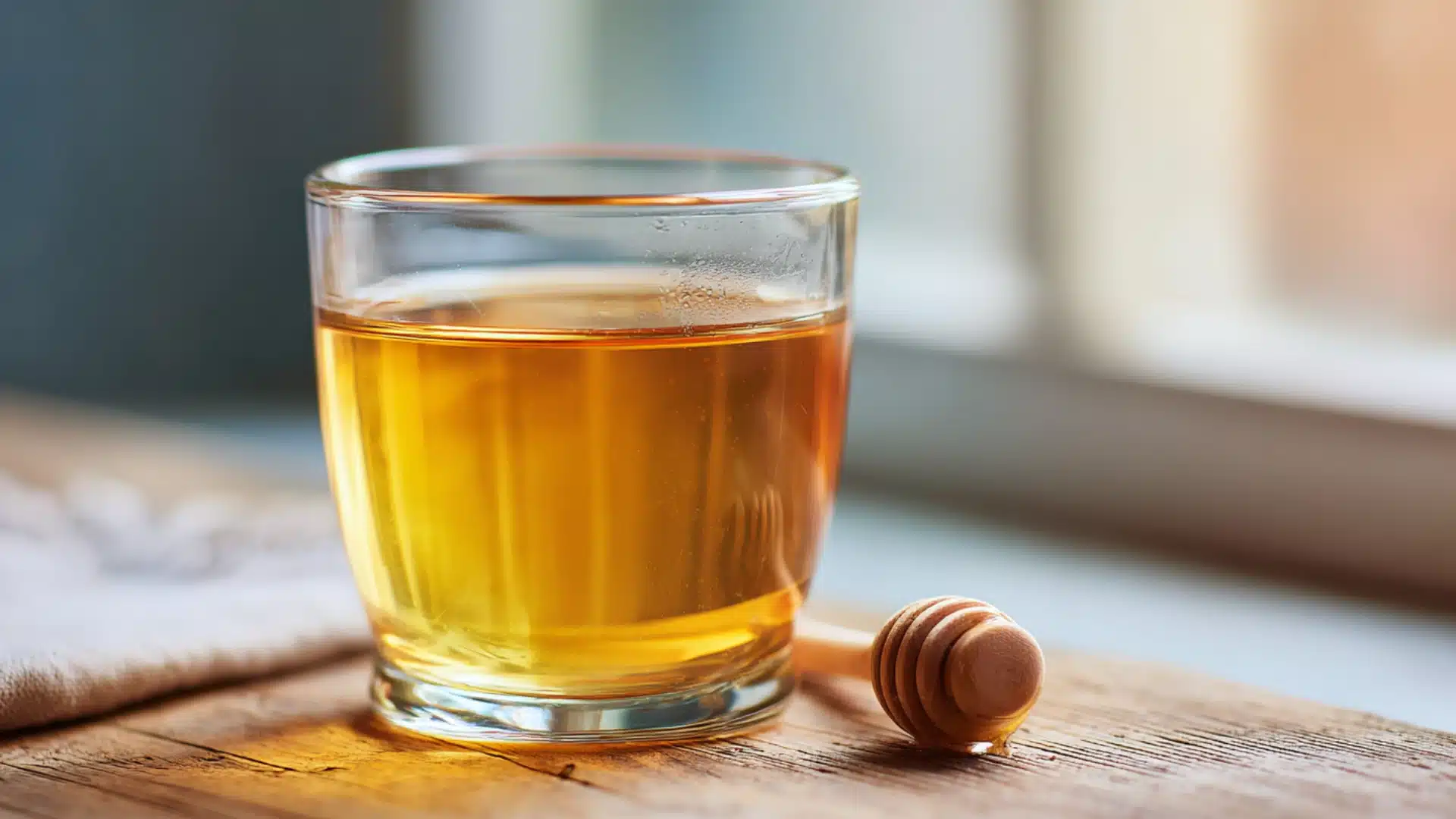small glass of amber apple cider vinegar drink sitting on a wooden surface beside a honey dipper in soft natural light