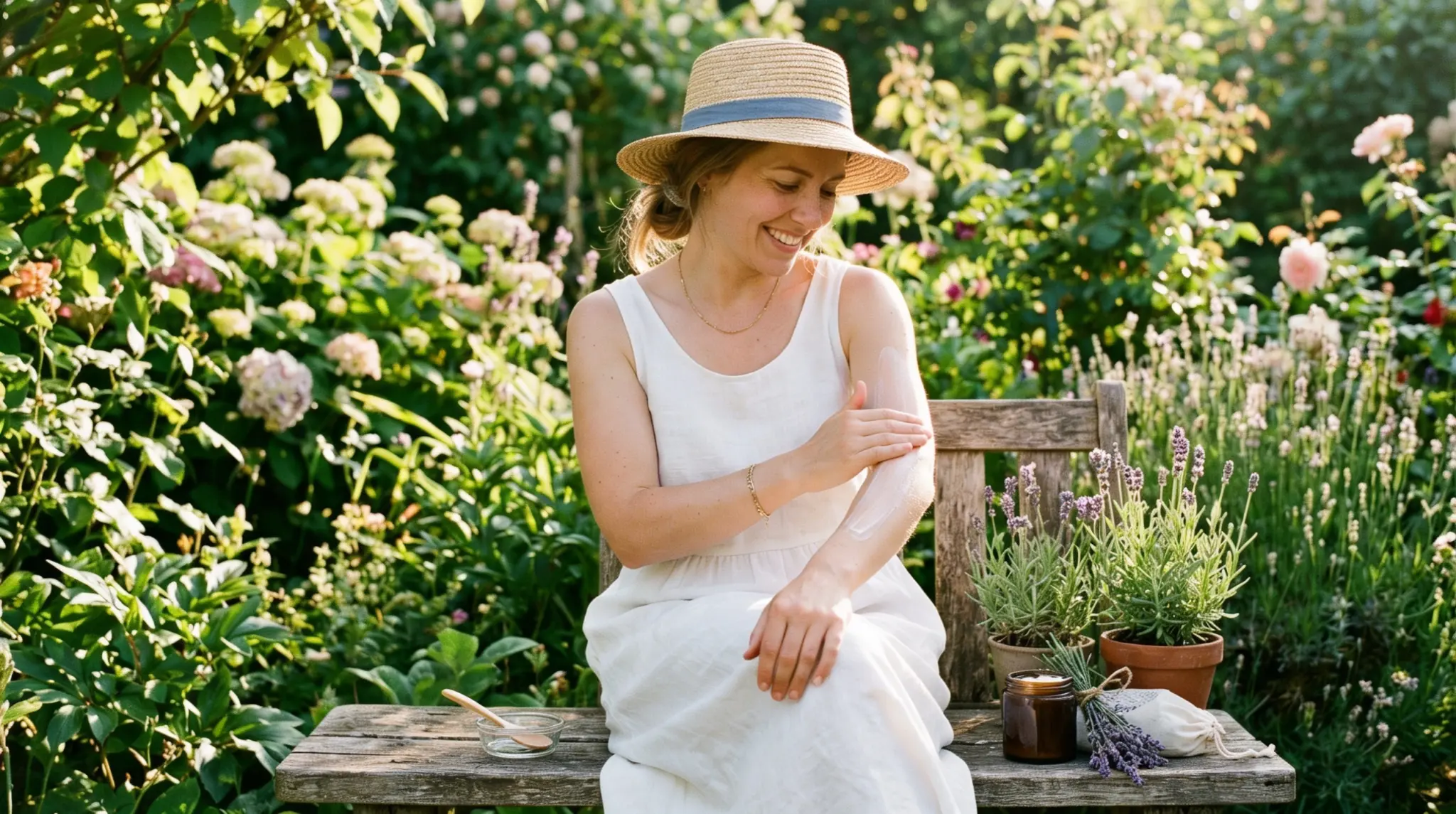 Smiling woman in a straw hat and white dress applies lotion to her arm while sitting on a rustic bench surrounded by lush, sunlit garden flowers and potted lavender