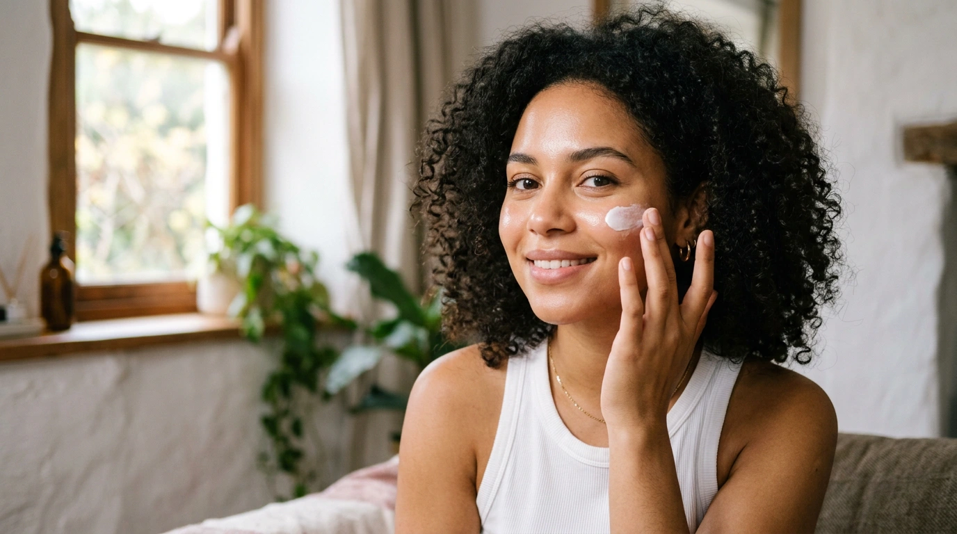 Smiling woman with curly dark hair applies white facial cream to her cheek near a sunlit window