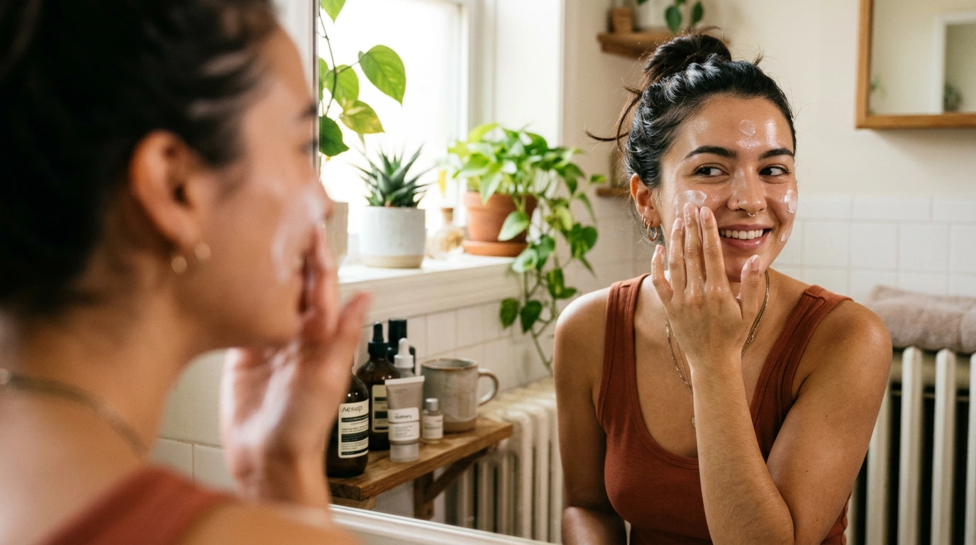 Smiling woman with dark hair in a bun applies white cream to her face while looking in a bright bathroom mirror surrounded by houseplants