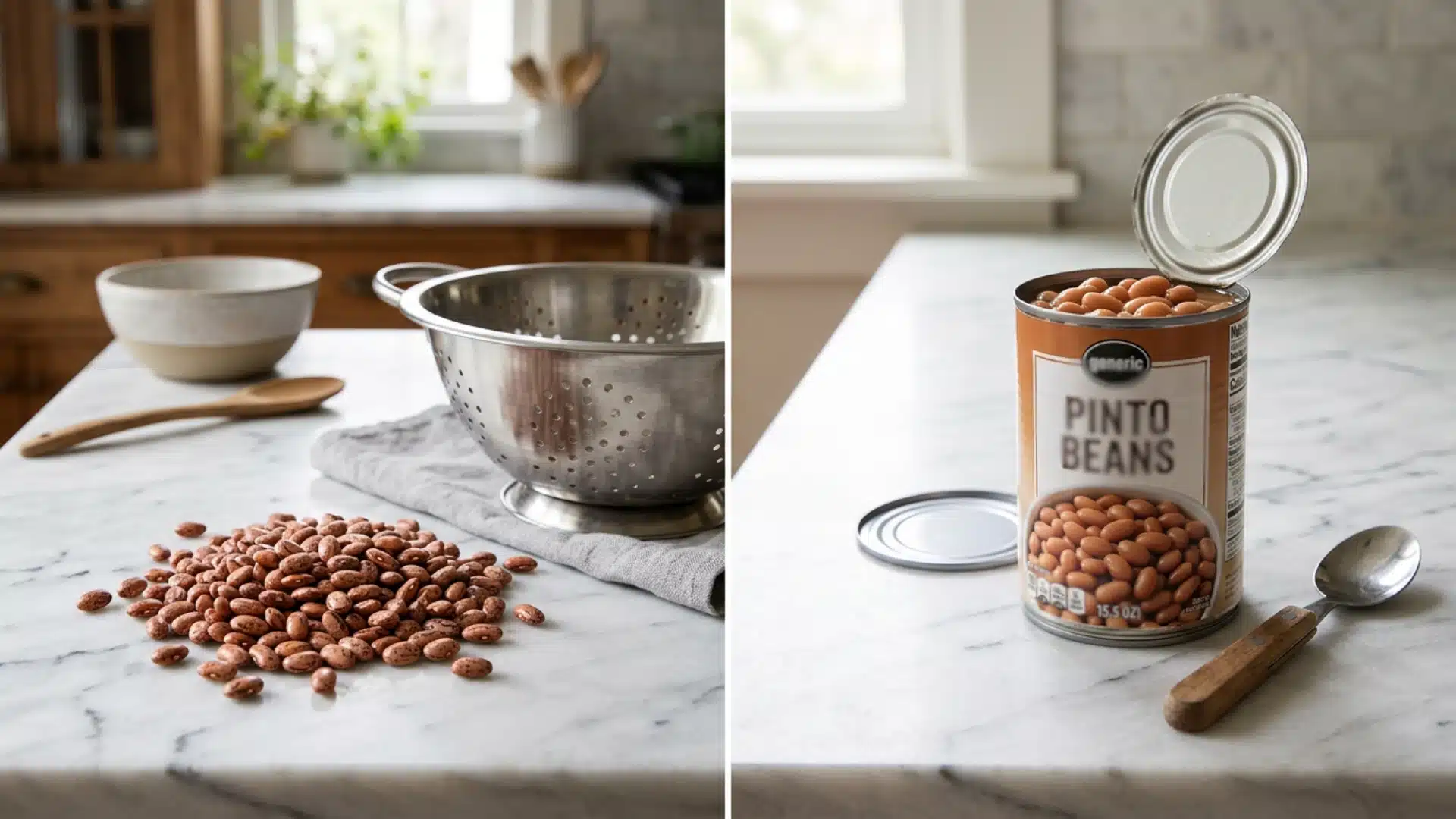 Split image comparing a pile of dried pinto beans next to a colander and an open can of cooked pinto beans on a white marble kitchen counter