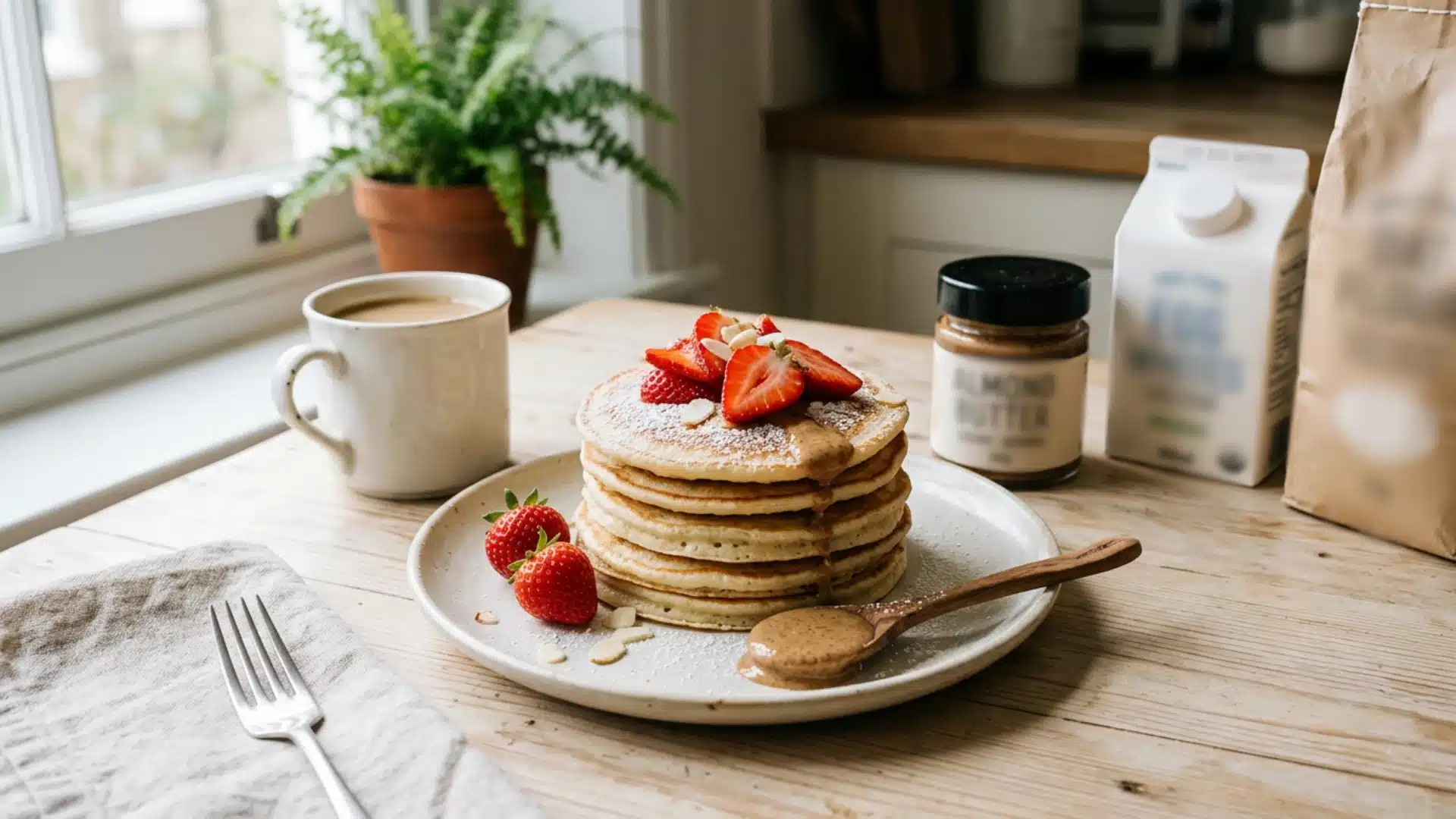Stack of buttermilk pancakes topped with sliced strawberries and almond butter on a wooden table next to a mug of coffee and ingredients