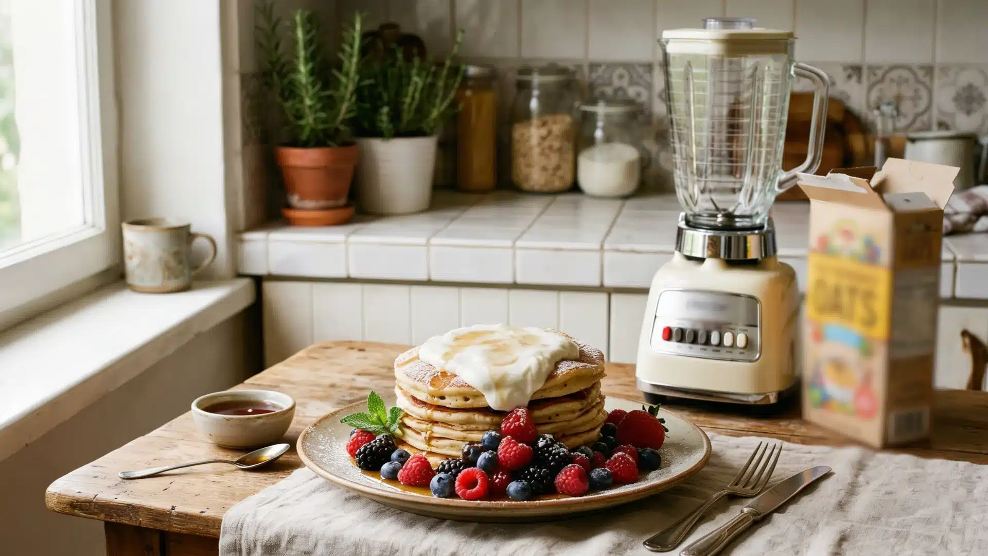 Stack of pancakes topped with yogurt and berries sits on a rustic wooden table next to a vintage blender and a box of oats in a bright kitchen setting