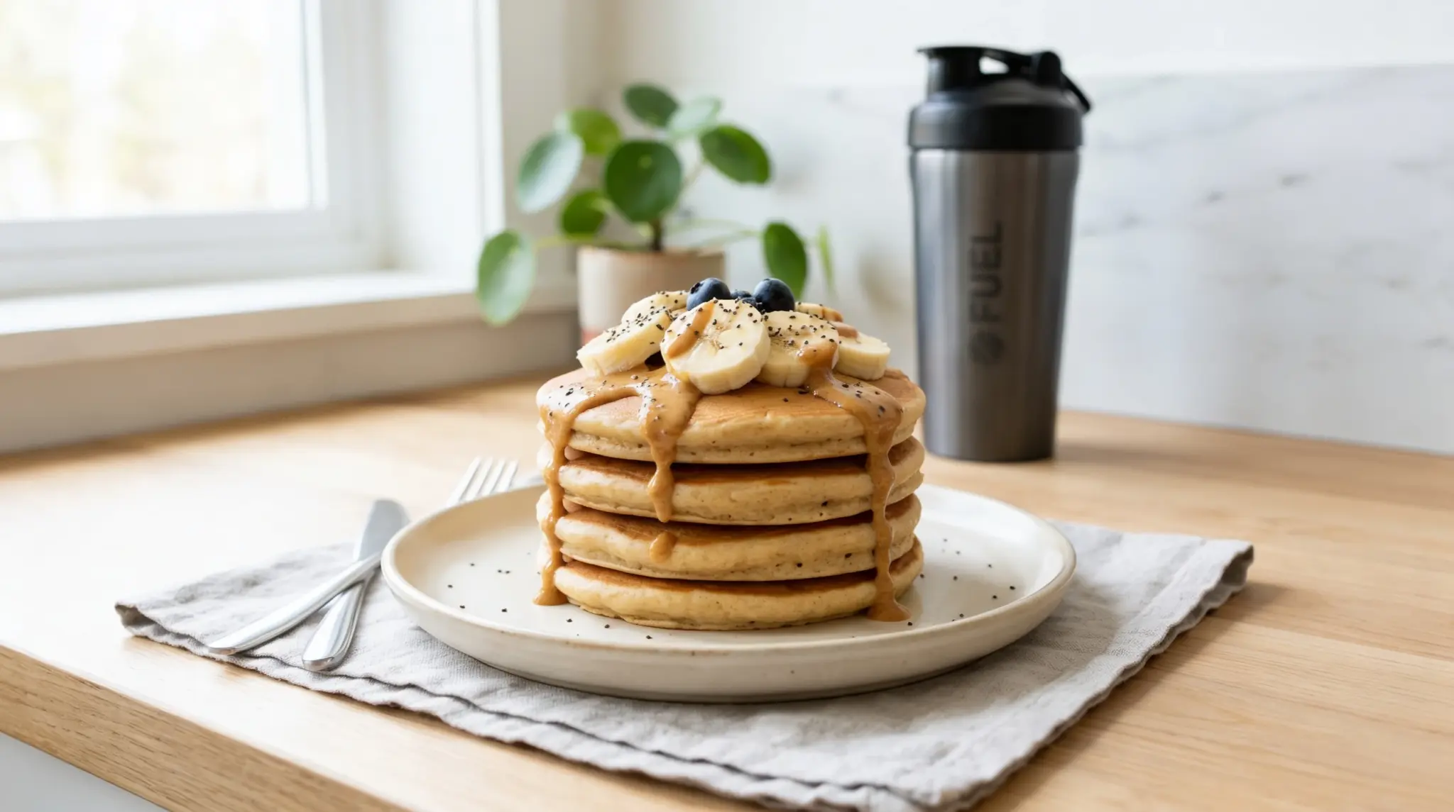 Stack of protein pancakes topped with sliced bananas, blueberries, chia seeds, and drizzled peanut butter sits on a light wooden counter next to a silver shaker bottle