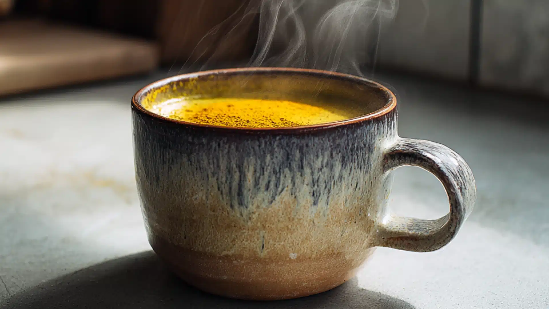 steaming turmeric latte in a rustic ceramic mug on a counter with ginger roots in the background benefits of golden milk