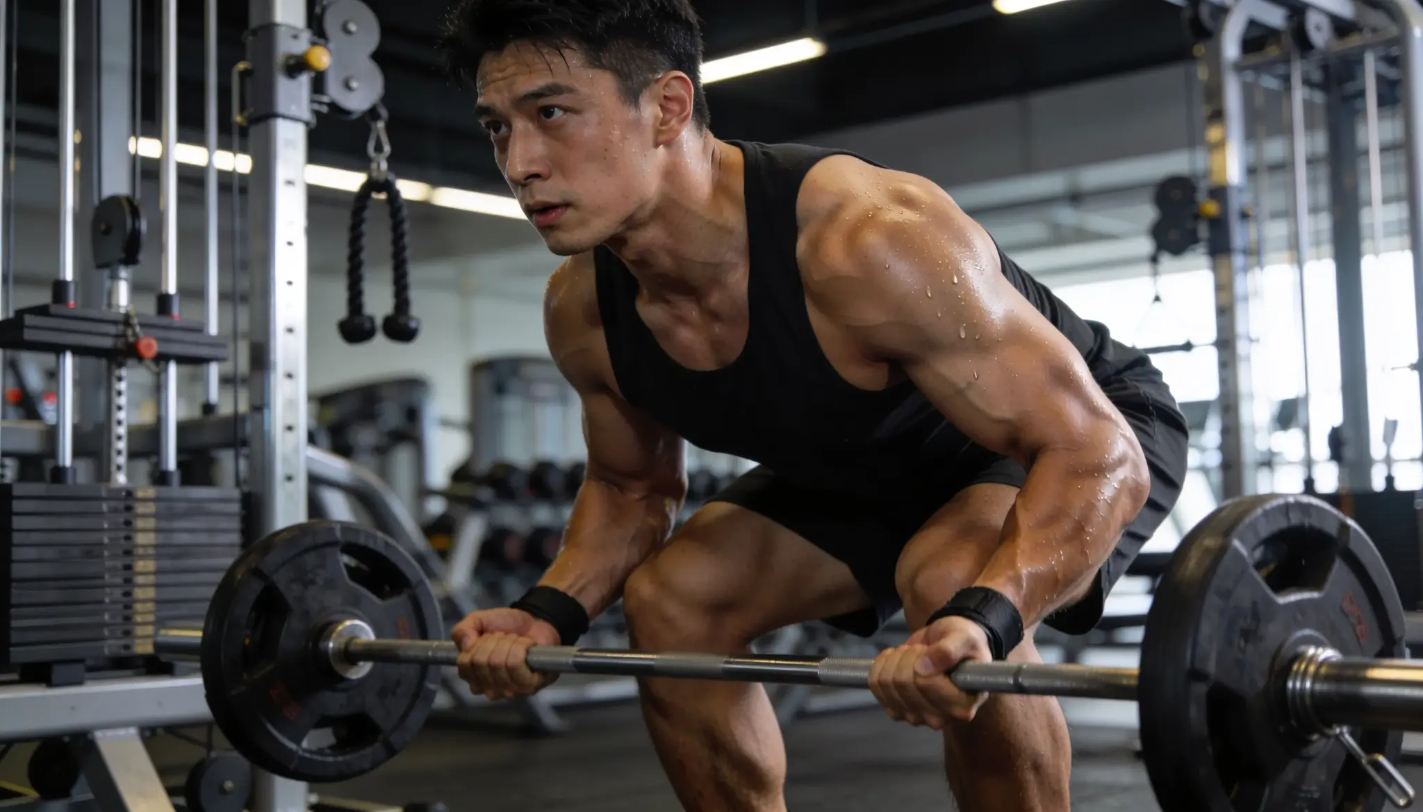 Sweaty muscular man performing a heavy barbell squat in a dimly lit gym setting (2)