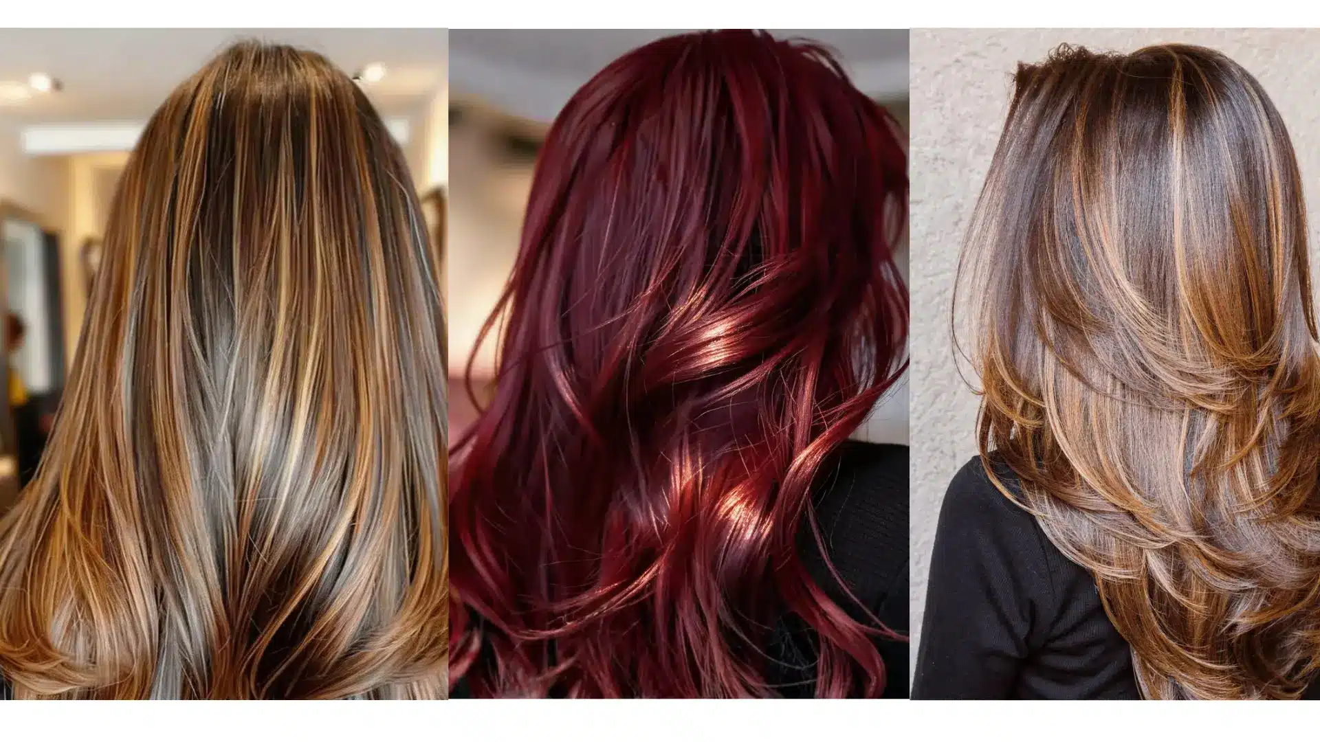 Three back views of long layered hair featuring honey blonde highlights deep cherry red tones and warm brown balayage sets