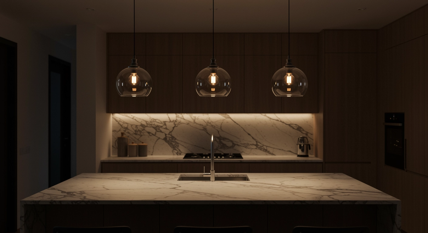 Three glass pendant lights illuminate a modern kitchen island with a white marble countertop and dark wood cabinetry.