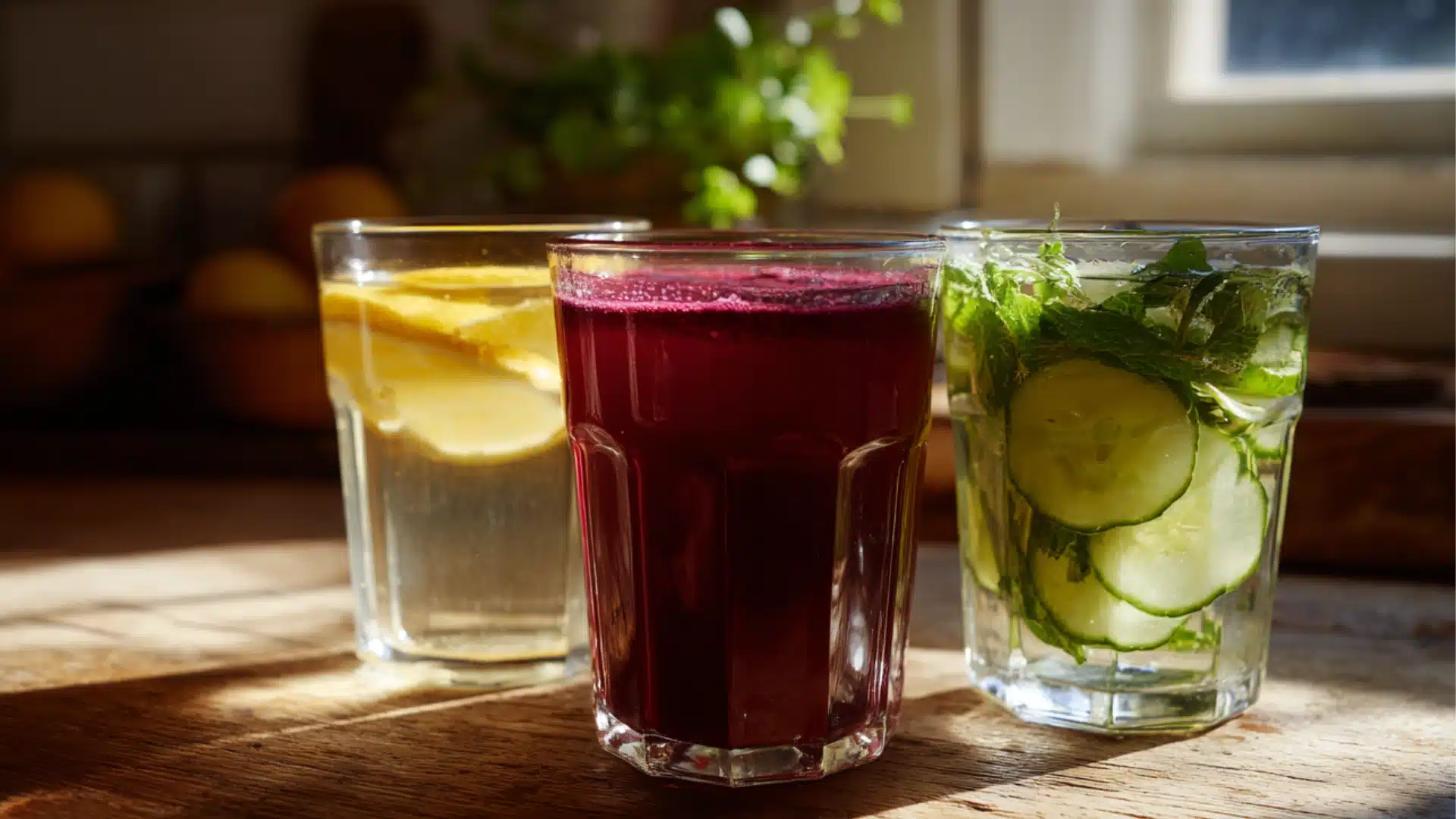 three glasses of healthy drinks with lemon beetroot and cucumber mint on a sunny wood table top in a bright farmhouse kitchen