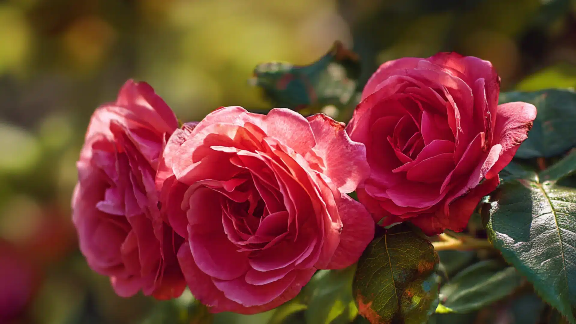 Three pink roses bloom on a green leafy bush with sunlight hitting their petals against a soft blurred garden background