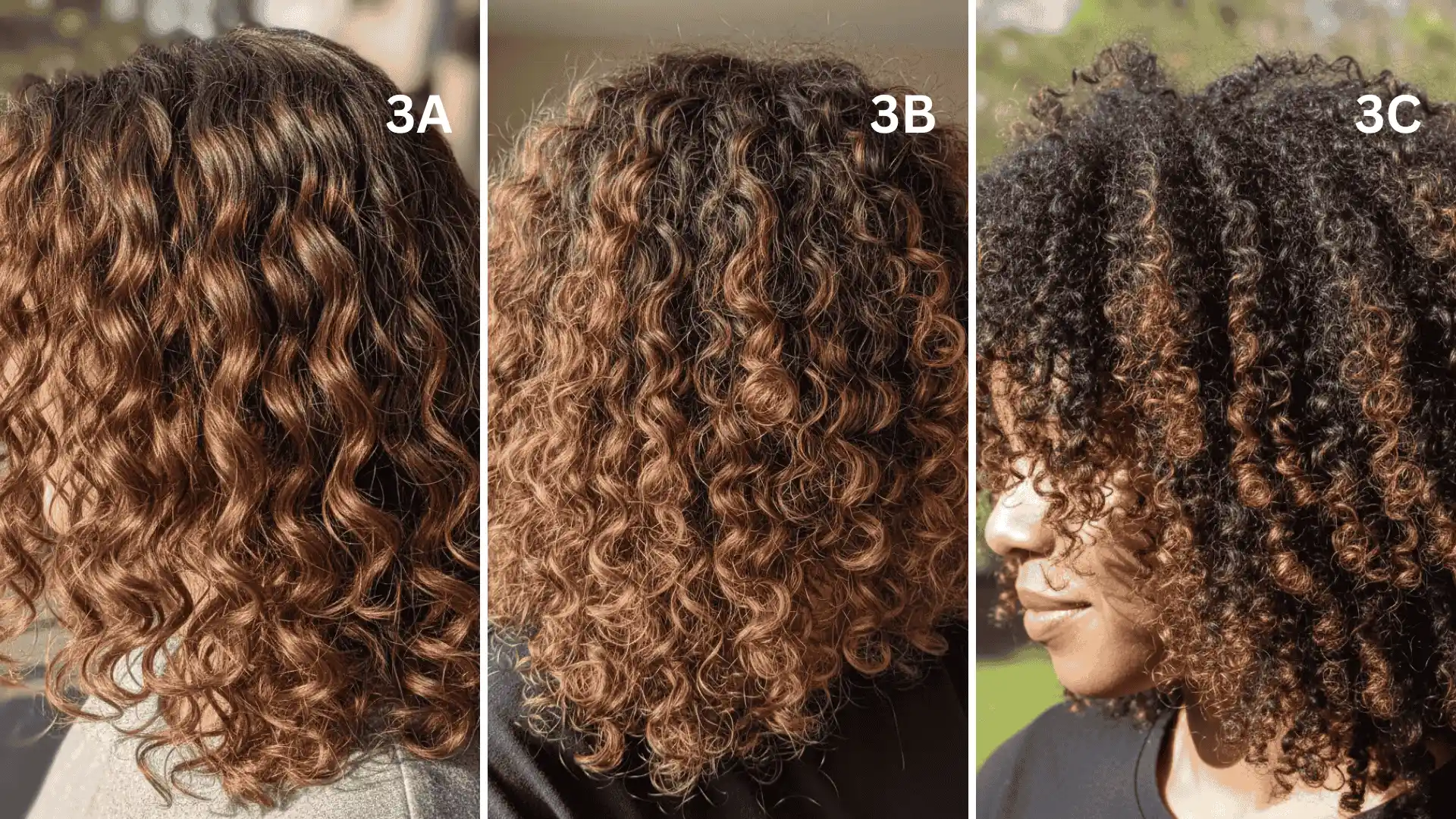 Three side-by-side images comparing Type 3A, 3B, and 3C curly hair patterns with varying levels of curl tightness and volume