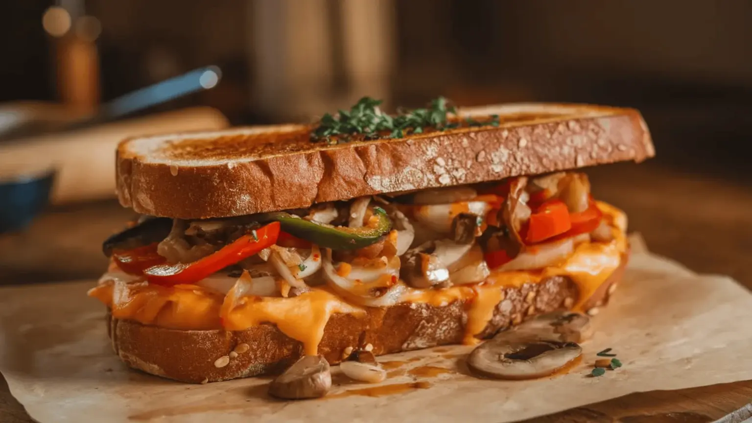 Toasted sandwich with melted cheese, mushrooms, peppers, and herbs on rustic surface