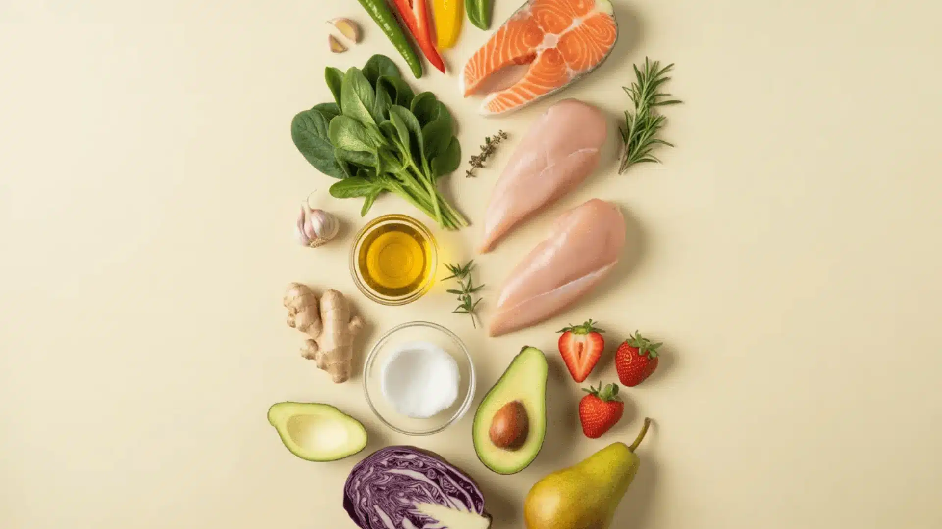 Top view of AIP foods like chicken, salmon, greens, avocado, berries, ginger, and olive oil on beige background