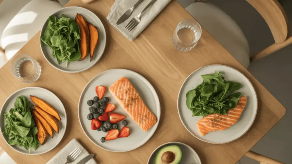 Top view of balanced AIP meals with salmon, greens, sweet potatoes, berries, and avocado on table