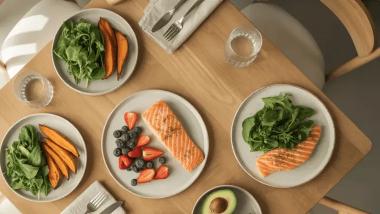 Top view of balanced AIP meals with salmon, greens, sweet potatoes, berries, and avocado on table