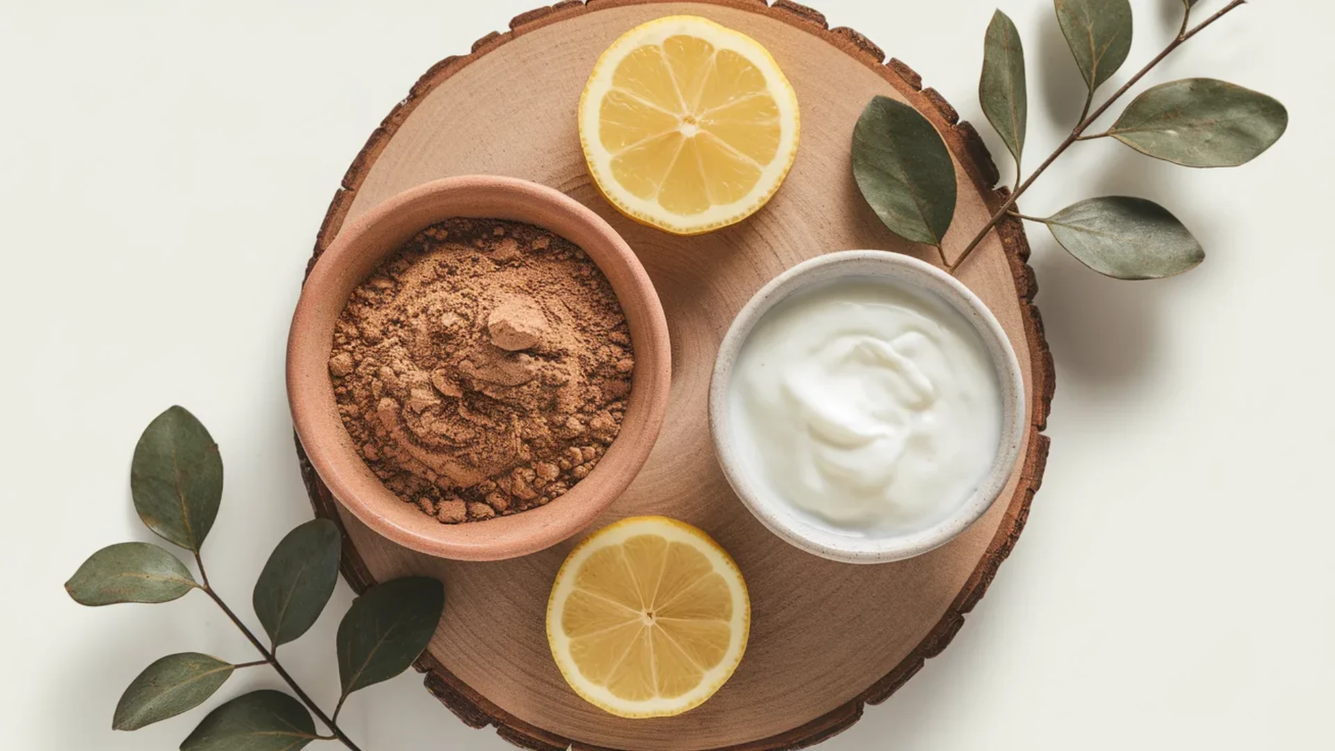 Top view of multani mitti powder, yogurt, and lemon slices arranged on wooden board with leaves