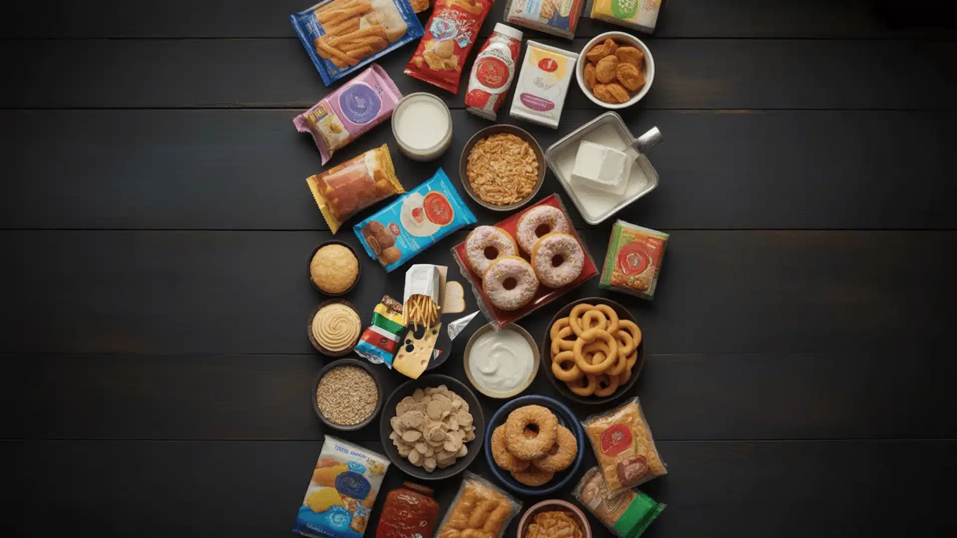 Top view of processed foods like donuts, snacks, dairy, and grains arranged on a dark table surface
