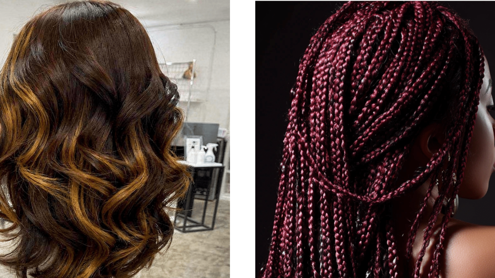 Two back views of hair side by side showing wavy brown locks with golden highlights and long thin braids in deep magenta (1)