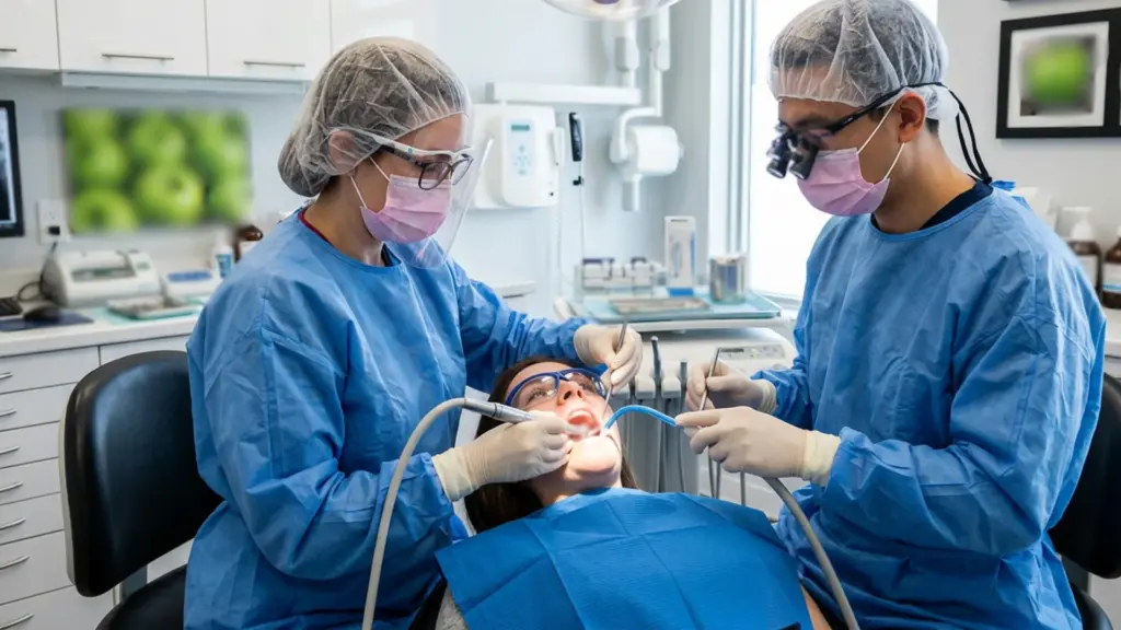 Two dental professionals in blue scrubs and protective gear attend to a patient reclining in a modern dental office