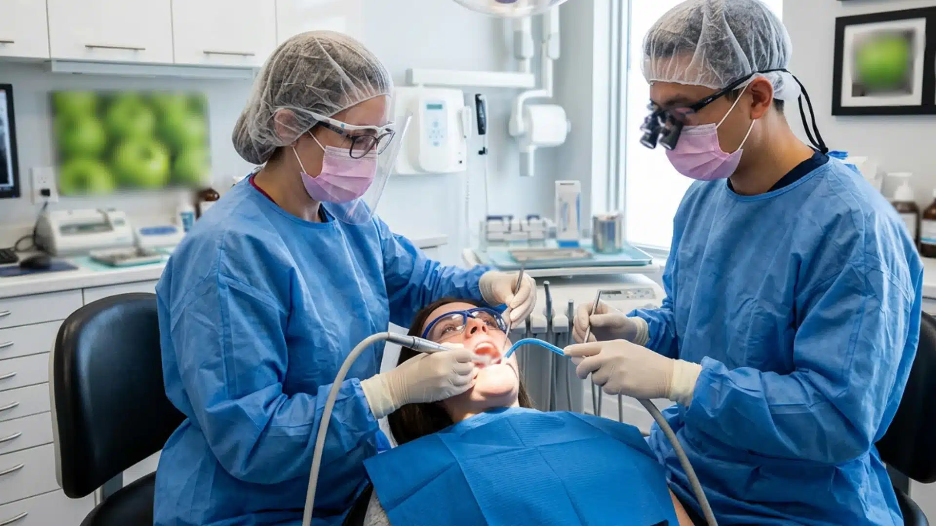 Two dental professionals in blue scrubs and protective gear attend to a patient reclining in a modern dental office