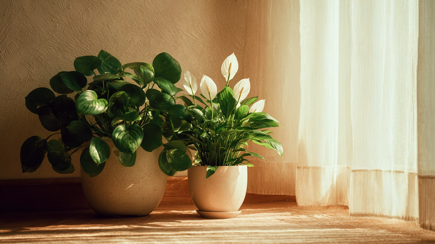 Two potted houseplants, one with dark leaves and one with white peace lily flowers, sit on a wooden floor near sheer white curtains illuminated by warm sunlight.