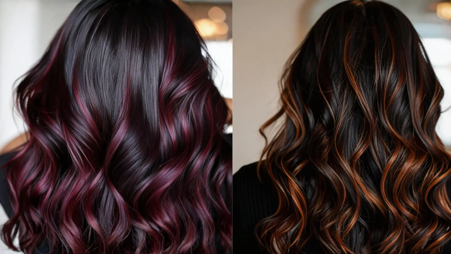 Two side by side views of long wavy dark hair with deep burgundy highlights on the left and warm copper streaks on right