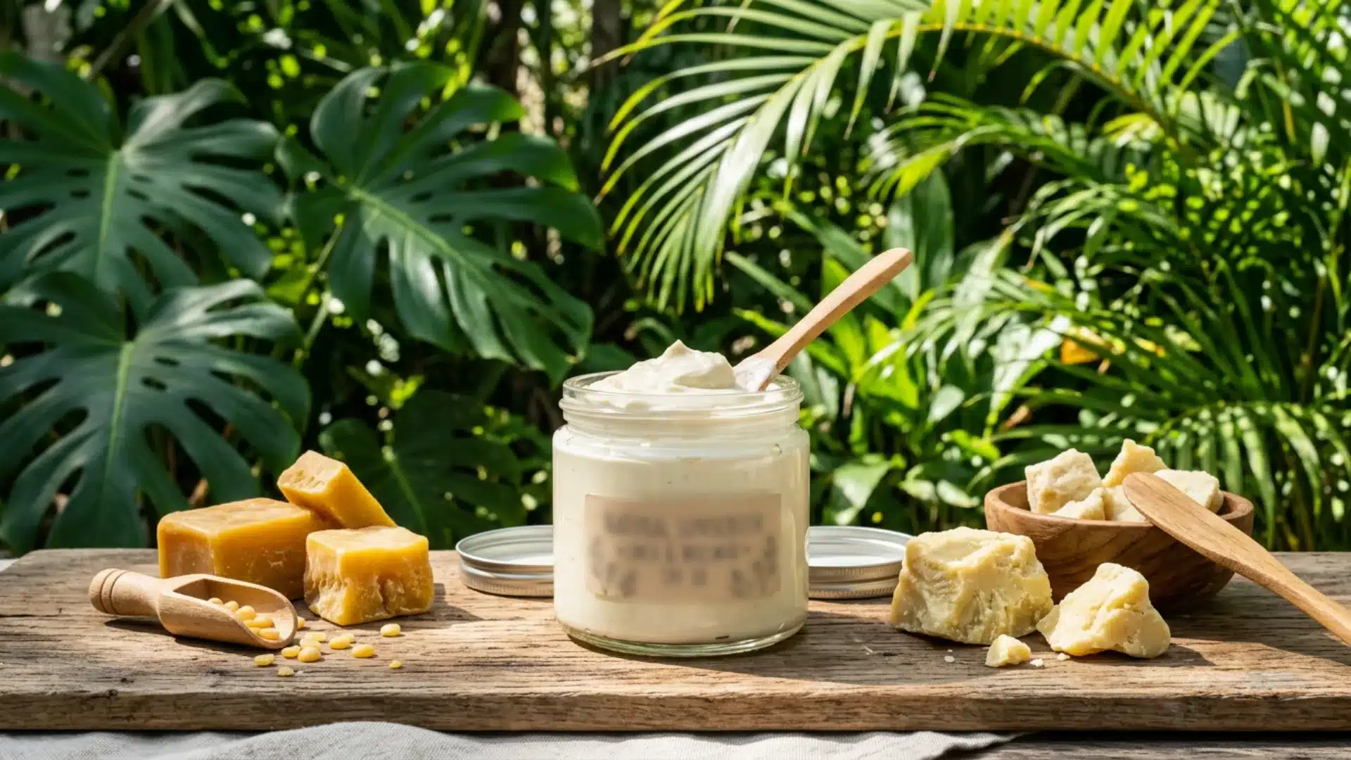 Whipped body butter in a jar with raw shea butter chunks and yellow wax cubes on a rustic wooden surface against a backdrop of lush green tropical foliage