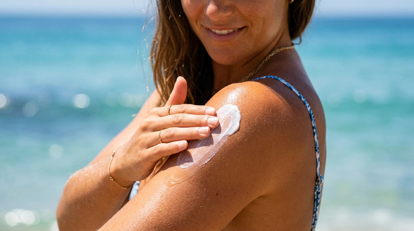 Woman applying white sunscreen to her sun-tanned shoulder at the beach with turquoise ocean water blurred in the background