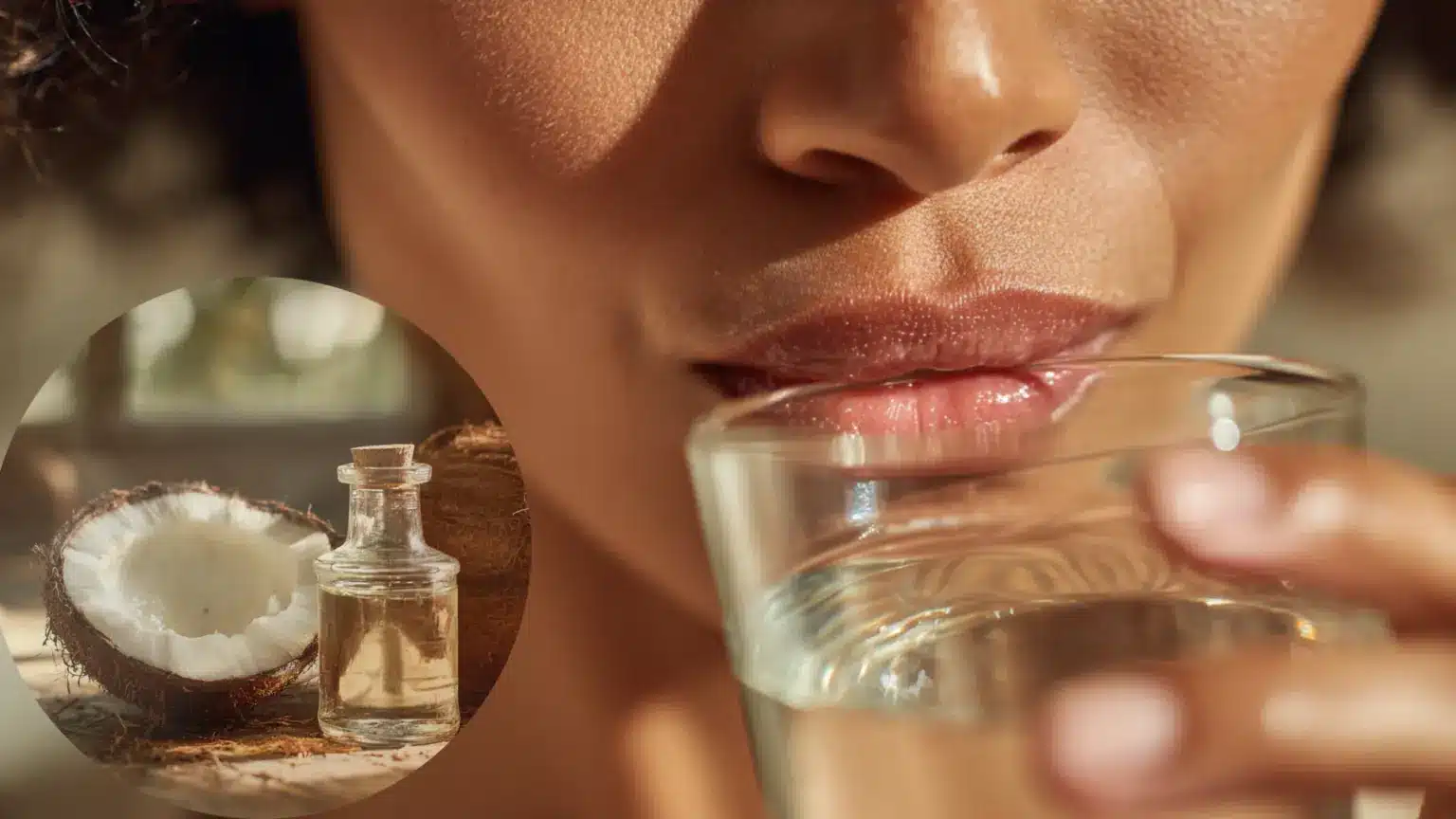 Woman drinking water with a coconut oil inlay while she learns how often you should oil pull for a healthy white smile