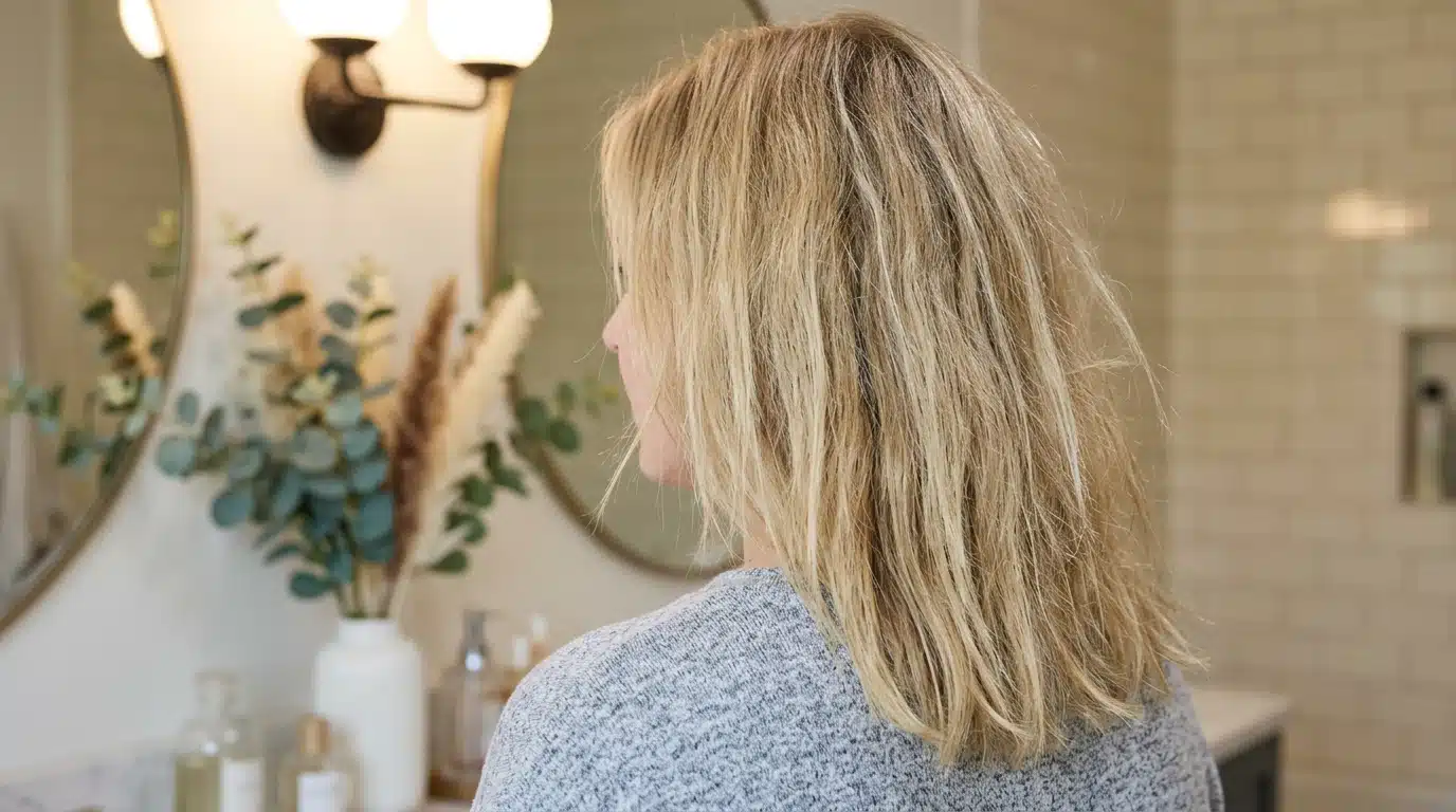 Woman with shoulder-length blonde hair wearing a gray sweater stands facing a bathroom vanity with a mirror, light fixture, and floral arrangement