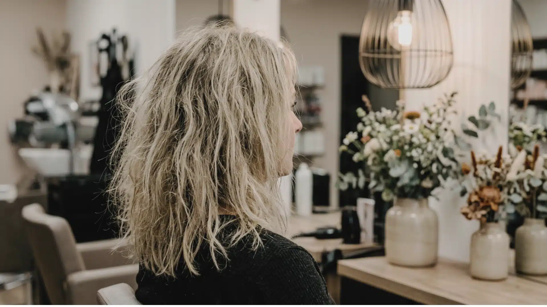Woman with wavy blonde hair sitting in profile inside a softly lit salon with floral arrangements on a counter
