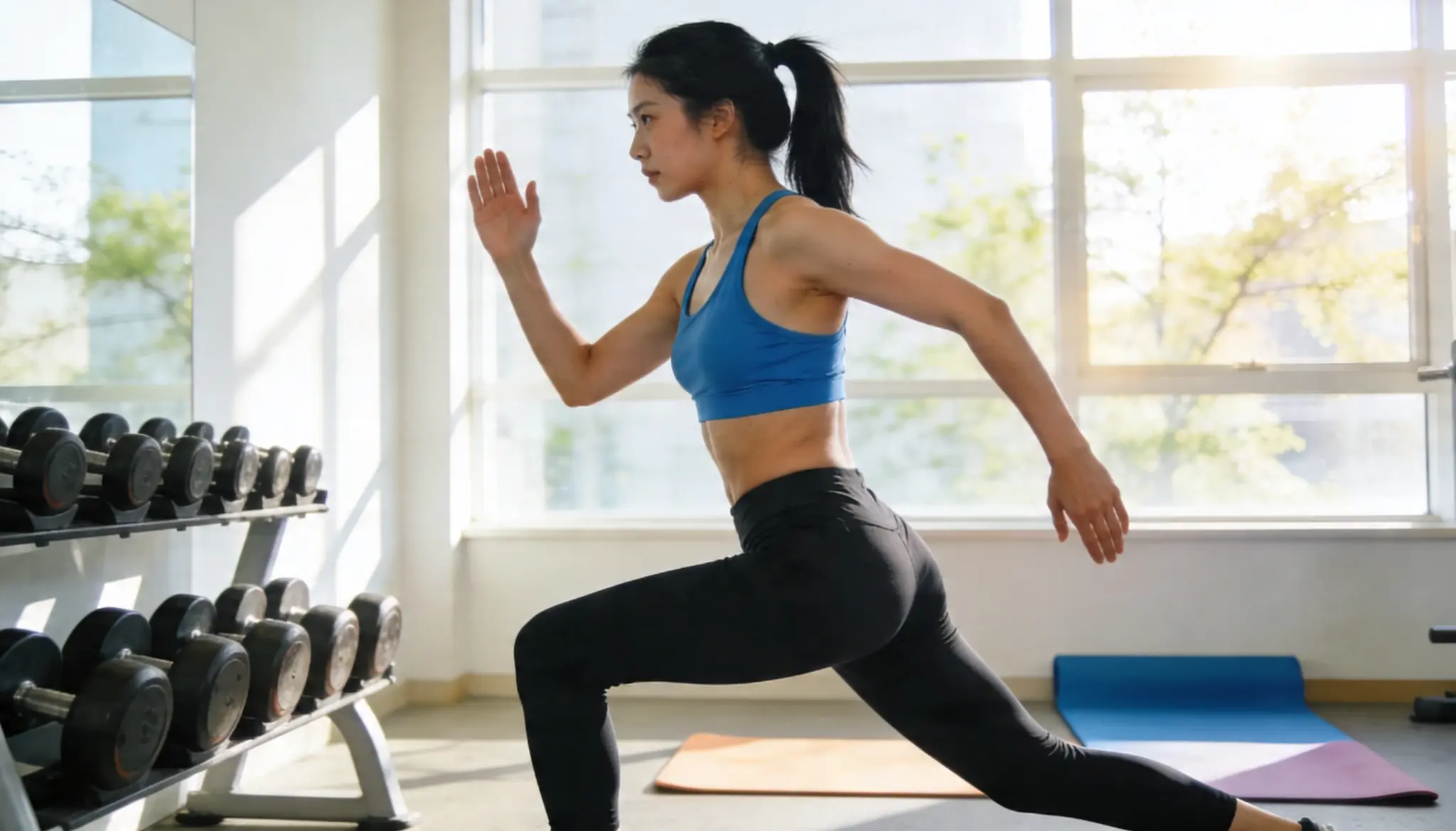 Workout setup showing circuit training with multiple exercise stations at home