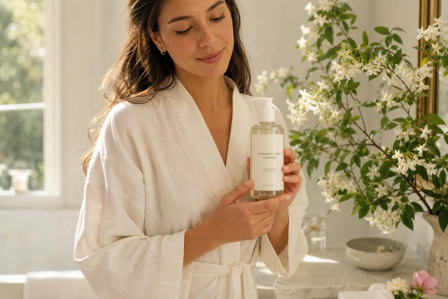 Woman holding fragrance-free cleanser in a serene setting.