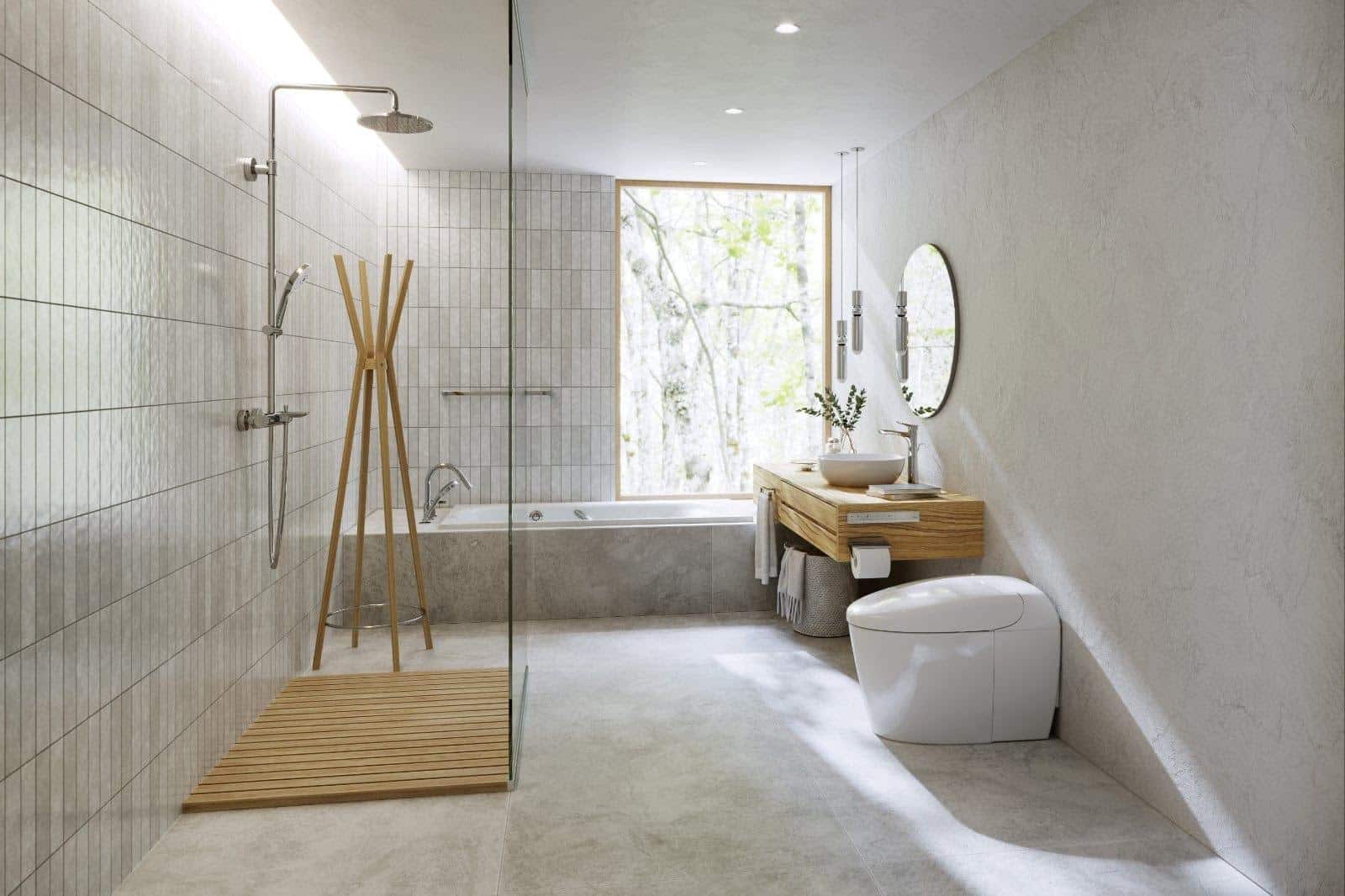 Modern minimalist bathroom with natural light.