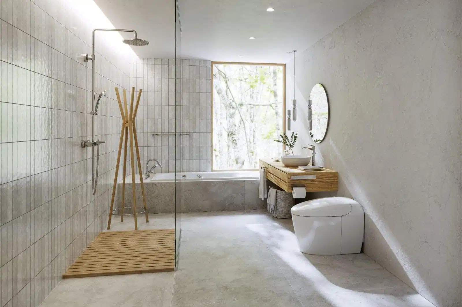 Modern minimalist bathroom with natural light.