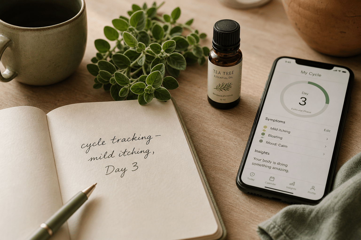 A cycle tracking notes, tea tree oil, and phone app display.