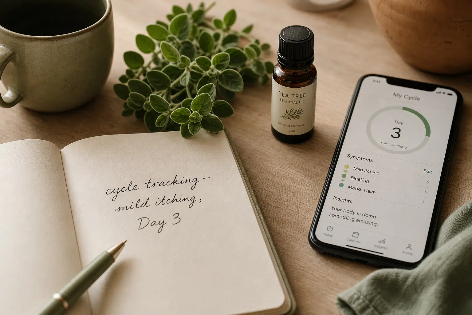 A cycle tracking notes, tea tree oil, and phone app display.